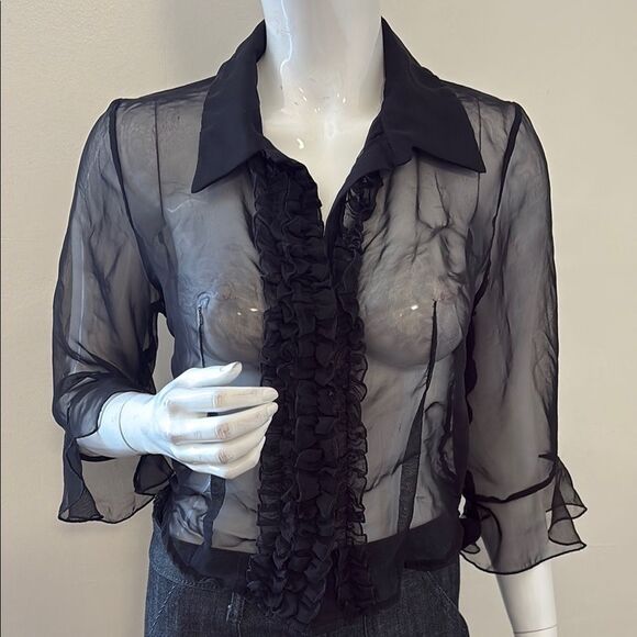 Vintage Bisou Bisou Sheer Black Ruffle Front Button Down Blouse 3/4 Bell Sleeves - Picture 6 of 6